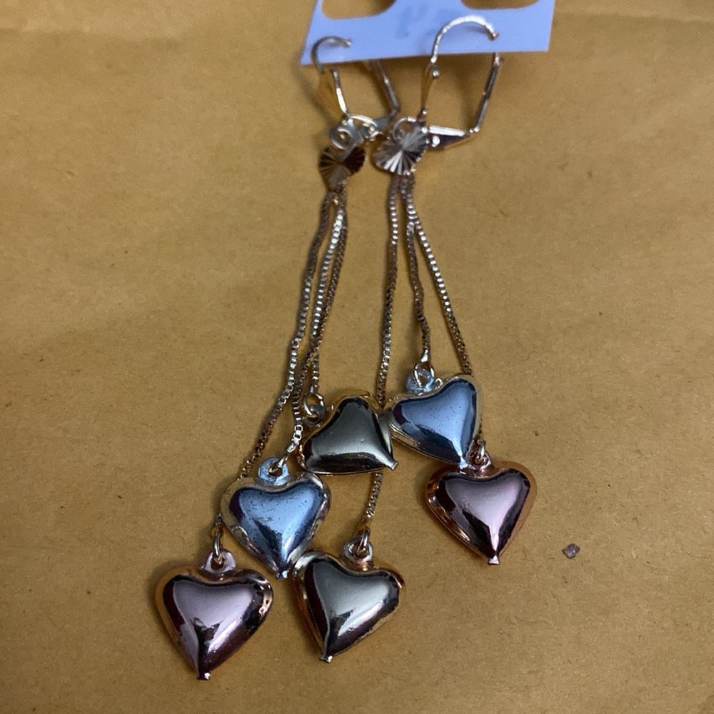 Earrings heart long, 3gold color gold plated with gold bath 14k